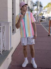 Manfinity Homme Men's Colorful Striped Short Sleeve Casual Vacation Shirt - Multicolor - View 6