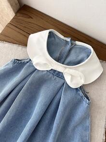 SHEIN LMoss Kids Đầm ngắn không tay dáng rộng màu xanh denim cổ bướm trắng dễ thương cho bé gái - Rửa trung bình - Xem 4