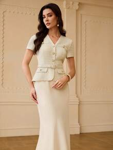 ZEYLAH Elegant Short Sleeve Mermaid Hem 2 In 1 Dress, Spring/Summer - Apricot - View 3