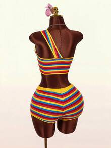 Amplova Conjunto de 2 piezas de top sin mangas con nudo retorcido a rayas y shorts, para vacaciones - Multicolor - Ver 3