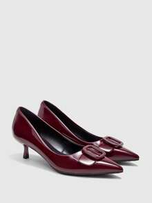 CUCCOO BIZCHIC Buckle Simple And Generous Fashion Versatile Casual Workplace Commuter Women's High Heels Shoes - Burgundy. - View 9