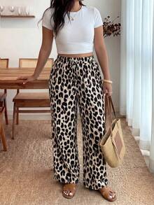 Enliva Pantalones con estampado de leopardo talla extra, de moda para el verano - Multicolor - Ver 4