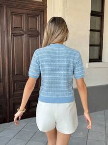 SHEIN Button Front Tweed Looking Chick Elegant Sweater Knit Top - Baby Blue - View 3