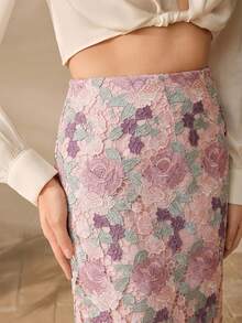 Anewsta Elegant Romantic Vacation Colorblock Floral Lace Patchwork Slim Fit Straight Skirt For Women, Spring/Summer - Pink - View 2