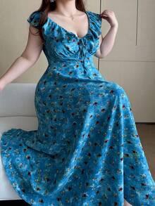 Vibekara Plus Size Summer V-Neck Ruffle Hem Blue Ditsy Floral Dress - Blue - View 8