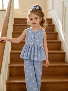 SHEIN Elladie kids 女童碎花两件套，棕色蝴蝶结装饰无袖上衣+配套阔腿裤，甜美可爱休闲装，夏季 - 藍色 - 查看 6