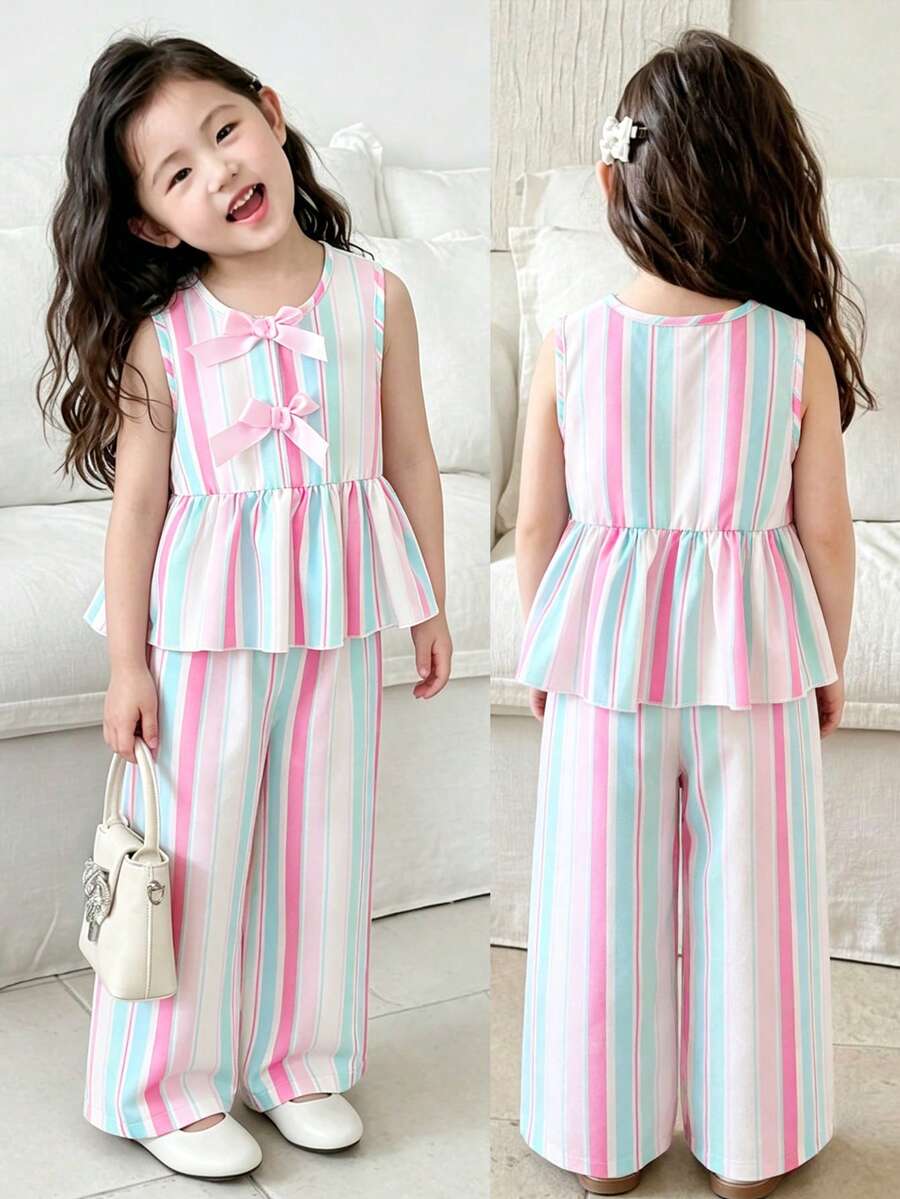 SHEIN Elladie kids 女童彩色条纹两件套，粉色蝴蝶结装饰无袖上衣+配套阔腿裤，面料柔软舒适，适合女孩日常、上学、度假、派对、海滩、夏季穿着