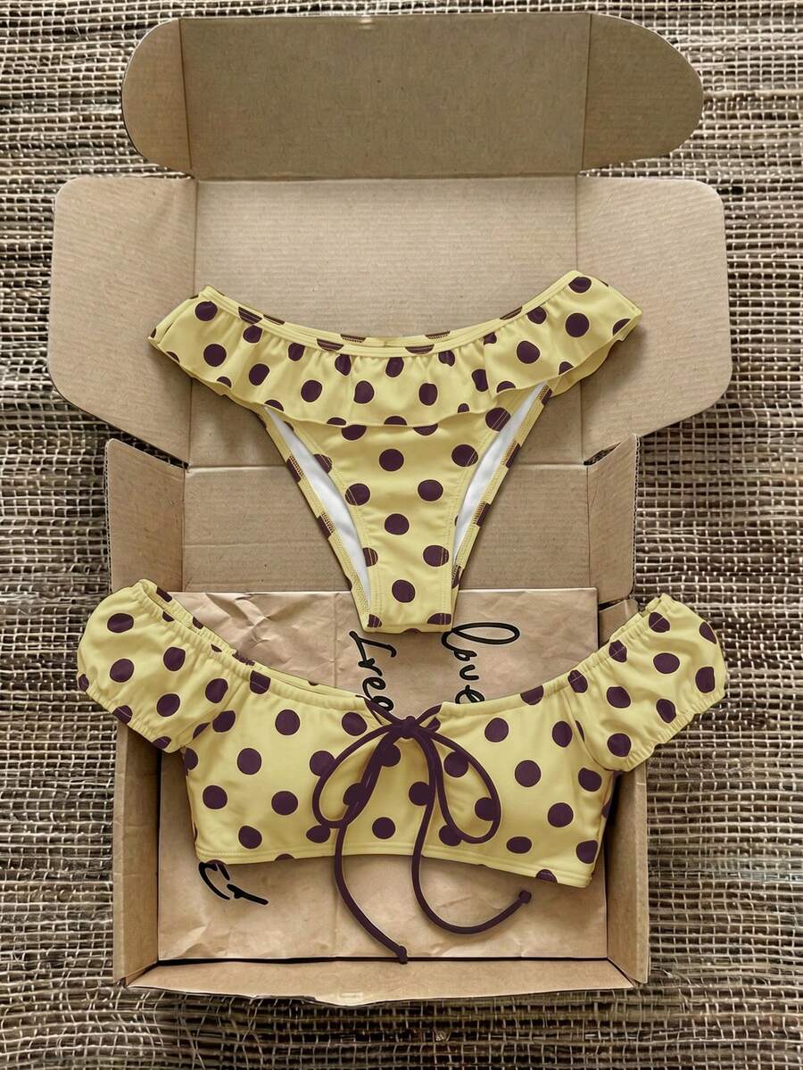SHEIN MOD Bộ bikini chấm bi kiểu cổ điển - Vàng nhạt - Xem 1