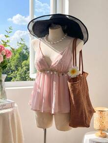 DAZY Blusa elegante de verano sin mangas para vacaciones en la playa con dobladillo floral con flecos de patchwork y escote en V profundo - Rosa - Ver 14