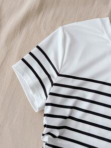 SHEIN 少女休闲条纹圆领短袖T恤，夏季新品 - 黑與白 - 查看 5