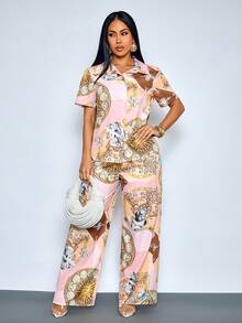 SOLERSUN Conjunto casual de primavera/verano para mujer: Camisa holgada de manga corta con botones y estampado en tono rosa-marrón, con abertura frontal y cintura elástica, y pantalones rectos. - Rosa - Ver 4