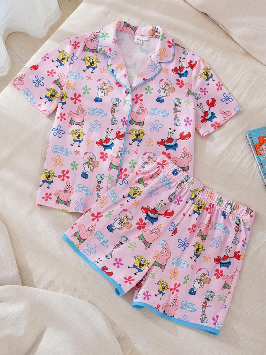 SpongeBob SquarePants | SHEIN 少女卡通印花短袖上衣和短裤睡衣套装 - 淺粉色 - 查看 1