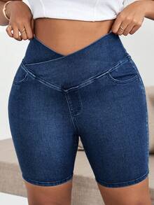 Dripcurv Plus Size Women Asymmetric Waist Casual Versatile Daily Wear Denim Shorts - Dark Wash - View 1