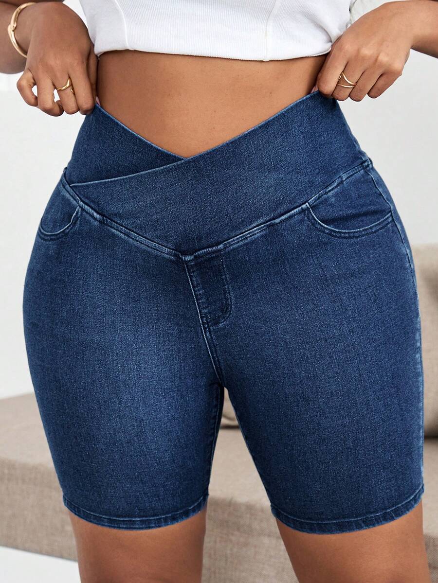 Dripcurv Plus Size Women Asymmetric Waist Casual Versatile Daily Wear Denim Shorts - Dark Wash - View 1