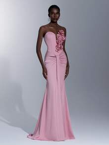 Elitara Elegant Luxurious 3D Floral Sexy Strapless Mermaid Ruched Dress For Formal - Mauve Purple - View 6