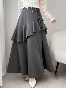 FRIFUL Women's Multi-Layer Ruffle Asymmetric Hem Patchwork Skirt - Grey - View 1