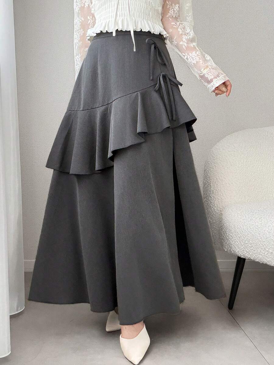 FRIFUL Women's Multi-Layer Ruffle Asymmetric Hem Patchwork Skirt - Grey - View 1