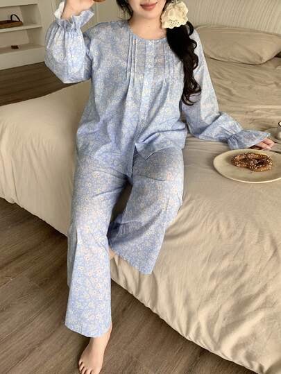 Dazy Plus 2pcs/Set Cute Ditsy Floral Pleated Ruffle Trim Loose Top And Long Pants Pajama Set, Plus Size Women Spring/Summer Sleepwear