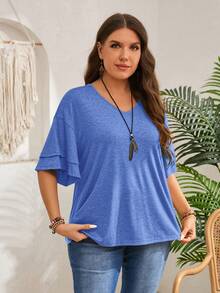 EMERY ROSE Plus Size Women Solid Color V-Neck Ruffle Sleeve T-Shirt - Royal Blue - View 4
