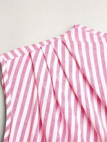 SHEIN 少女夏季休闲蓝白条纹无袖连衣裙（含腰带） - 粉色 - 查看 6
