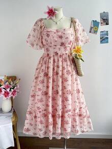 Soleia Đầm maxi cỡ lớn dành cho nữ, họa tiết hoa xanh trắng cổ điển, tay bồng, eo chun, thích hợp cho kỳ nghỉ hè, đi học, đi ăn trưa hoặc dự tiệc độc thân. - Hồng - Xem 1