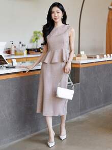DAZY Bộ đồ 2 món thanh lịch dành cho nữ: áo không tay và chân váy dài, thích hợp cho mùa hè. - Màu Khaki - Xem 6