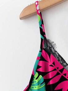 Mellowie Plus Size Women Tropical Textured Floral Contrast Lace Camisole - Multicolor - View 7