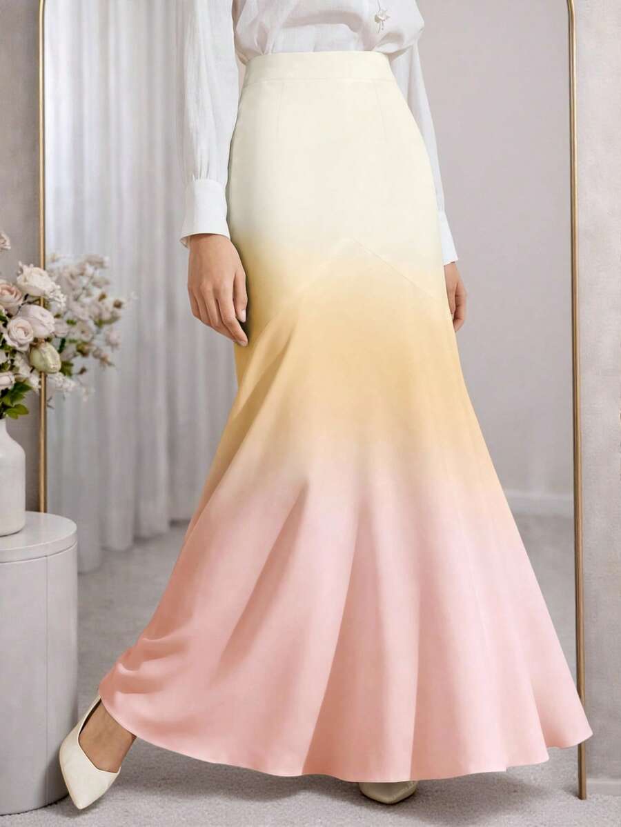 Modelyn 粉色、黄色、紫色渐变印花高腰喇叭鱼尾裙，女士修身显瘦包臀裙，优雅春夏裙装 - 彩色 - 查看 1