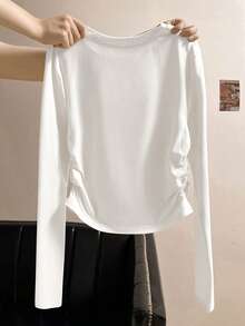 Airaco Camiseta de manga larga informal de unicolor para mujer, minimalista y de moda para uso diario - Blanco - Ver 2