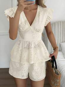 Lucivie Women's Elegant White Summer Tea Party Short Set,Lace Texture V Neck Flutter Sleeve Peplum Top And Shorts,Casual Vacation Ready Beach Resort Outfits - Apricot - View 15