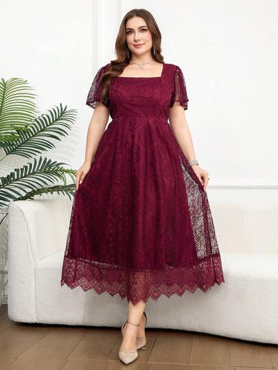 Reflora Plus Size Women's Square Neck Short Sleeve Elegant Party Dress