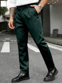 Manfinity Mode Pantalones de traje casuales versátiles para hombres de talla grande, unicolor, con pliegues y bolsillos, para ir al trabajo, ceremonias y eventos formales - Verde Oliva - Ver 4