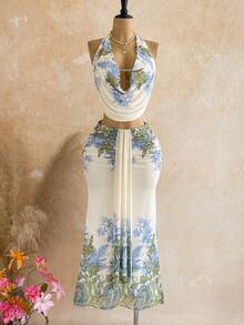 Soleia New Back To School Casual Vacation Western Beach Wedding Guest Outfit Graduation Brunch Women's Clothing St. Patrick's Day Spring Break Easter Music Festival Elegant Bohemian Tropical Elegant Mesh Print Sexy Deep V Cowl Neck Metal Decor Elegant Women's Outfit Women's 2-Piece Set - Multicolor - View 5