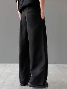SLATEMANN Men's Loose Wide Leg Curved Hem Pants - Black - View 2