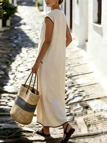 EMERY ROSE Women's Black And White Stripe Color Block Trim Maxi Casual Minimalist Dress, Comfortable For Summer Holiday Holiday Vacation - Apricot - View 2