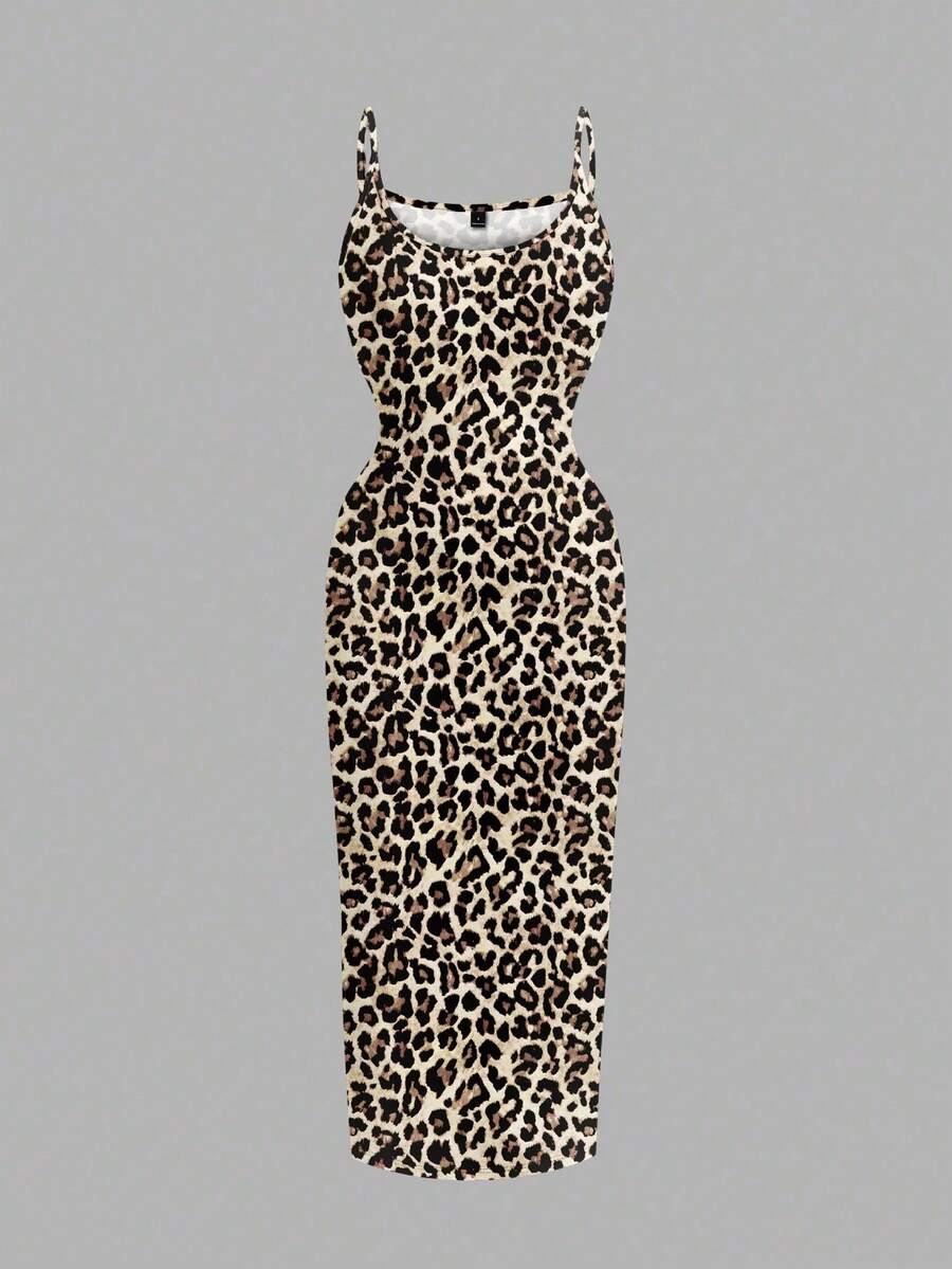 SHEIN EZwear Gaun Slip Bodycon Minimalis Kasual Panjang Motif Leopard, Cocok untuk Musim Panas, Gaun Musim Panas - MultiWarna - View 1