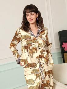 Chillnights 2pcs Women Leopard Print Contrast Color Pajama Set - Beige - View 5