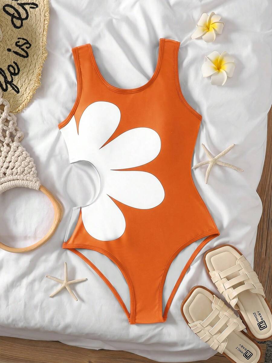 SHEIN Tween Girls' Orange & White Colorblock Floral Patchwork One-Piece Swimsuit, Cute Casual Vacation Beach Outfit - Orange - View 1