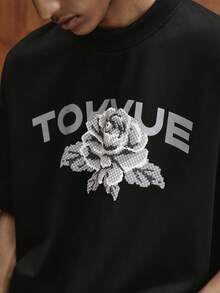 TOKVUE 男士像素花卉压纹图案T恤，适合户外活动、音乐节、日常穿着、朋友聚会，也可作为送给男友/丈夫的礼物、周年纪念礼物，黑色短款 - 黑色 - 查看 3