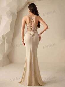 Coutiva Women's Elegant Backless Satin Evening Gown, Spaghetti Strap Pleated Side Slit Formal Party Dress,Luxury Bodycon Wedding Guest Graduation Dress - Light Yellow - View 3