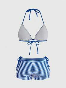 ROMWE Avant Bộ bikini 3 mảnh thanh lịch màu xanh sọc gợi cảm buộc dây phía trước dành cho nữ, chất liệu co giãn, thích hợp cho bãi biển, tiệc tùng, mùa xuân/hè. - Màu xanh lam - Xem 6
