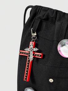 ROMWE Grunge Punk 1 pieza Mochila de lona con cordón Y2K estilo gótico con cruz de strass - Mochila casual de calle estilo punk oscuro con decoración de cruz y múltiples bolsillos de gran capacidad, adecuada para festivales de música y conciertos, academias y uso diario, Halloween - Negro - Ver 4
