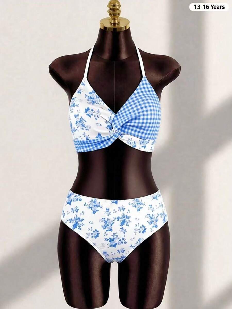 SHEIN 2件套少女格子碎花弹力速干舒适针织面料连体泳衣,适合海滩、泳池、冲浪、度假、夏季旅行 - 彩色 - 查看 1
