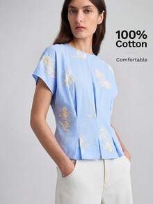 Ontre Áo nữ màu mơ đặc biệt, chất liệu vải dệt họa tiết sóng, cổ tròn, không tay, dáng chữ H, phong cách thành thị năng động, công sở, đi làm, thời trang cao cấp, chất liệu sang trọng, mang đến vẻ ngoài thanh lịch. - Màu xanh lam - Xem 6