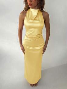Aloruh Women's Yellow Draped Neck Tie-Waist Ruched Backless Dress, Summer, Dresses For Women Wedding Formal Party Elegant,Wedding Guest,Dresses For Women Summer - Pale Yellow - View 4