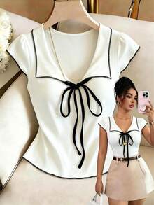 SHEIN Franclia Camiseta corta elegante con lazo para mujer - Blanco - Ver 6