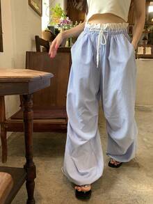 DAZY 女款休閒條紋寬鬆韓系對比色二合一長褲 度假風 - 淺藍色 - 查看 1