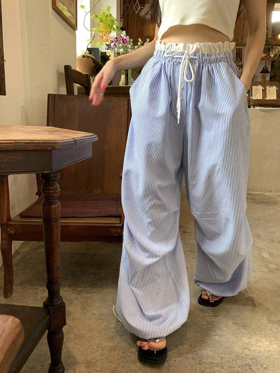 DAZY 女款休閒條紋寬鬆韓系對比色二合一長褲 度假風 - 淺藍色 - 查看 1