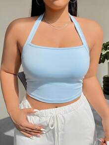 SHEIN EZwear 大码女式纯色吊带褶皱腰背心 - 藍色 - 查看 3