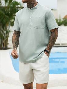 VENTUSAIL 2pcs Men's Front Button Short Sleeve Pocket Top And Shorts Set,Sage Green,Summer,Casual,Holiday,Vacation,Old Money Simple Design For Outdoor Weekend - Multicolor - View 4